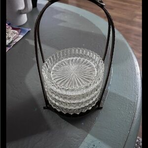 Vintage Set Of 4 Clear Glass Coasters Starburst Pattern Gold Holder Stand